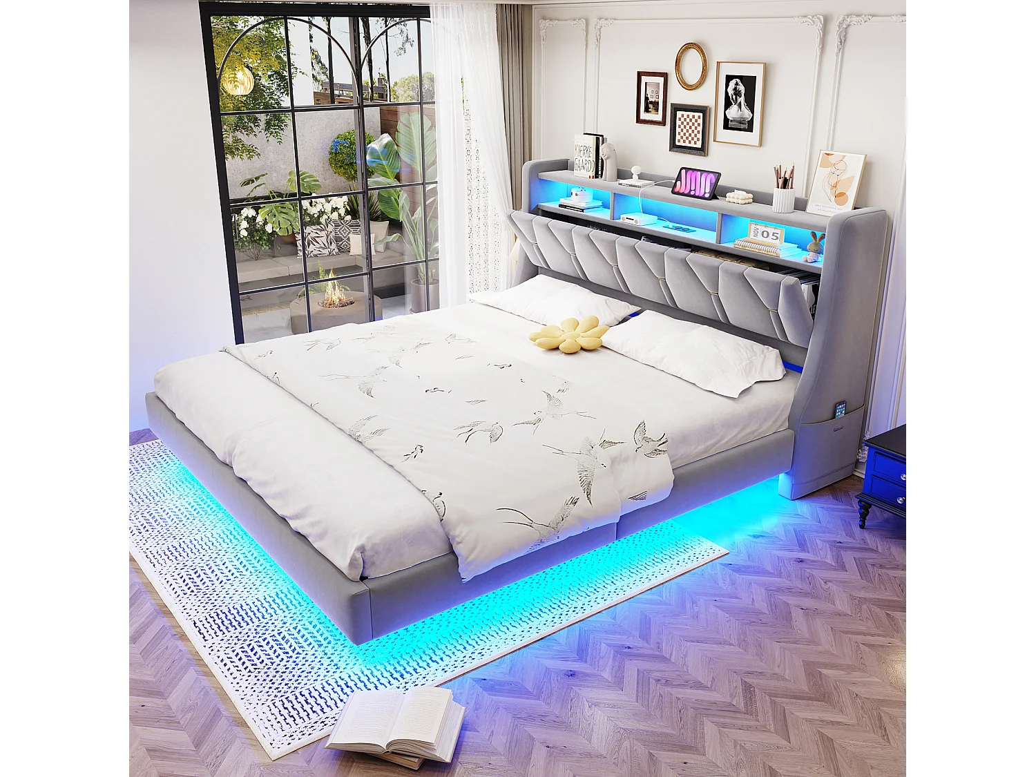 Łóżko tapicerowane dwuosobowe - 180 x 200 cm - składany tapicerowany zagłówek ze schowkiem + diody LED - płyta MDF - jasnoszary 4853590 - obrazek 1