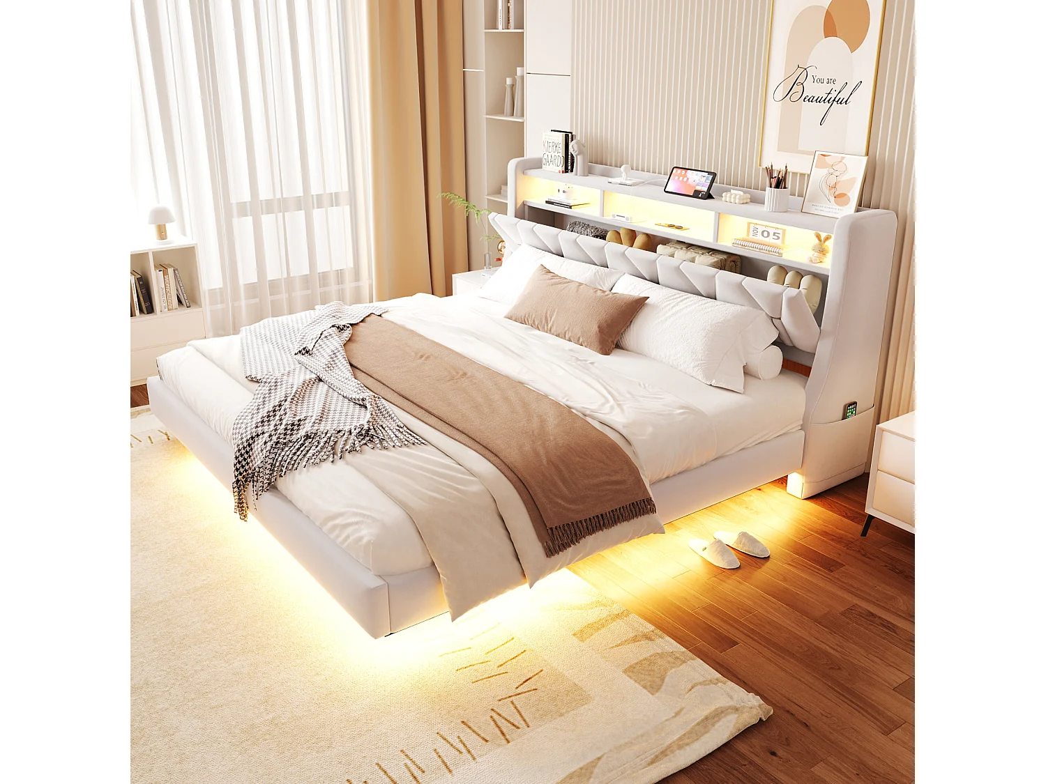 Łóżko tapicerowane dwuosobowe - 180 x 200 cm - składany tapicerowany zagłówek ze schowkiem + diody LED - płyta MDF - beżowe 4853672 - obrazek 1