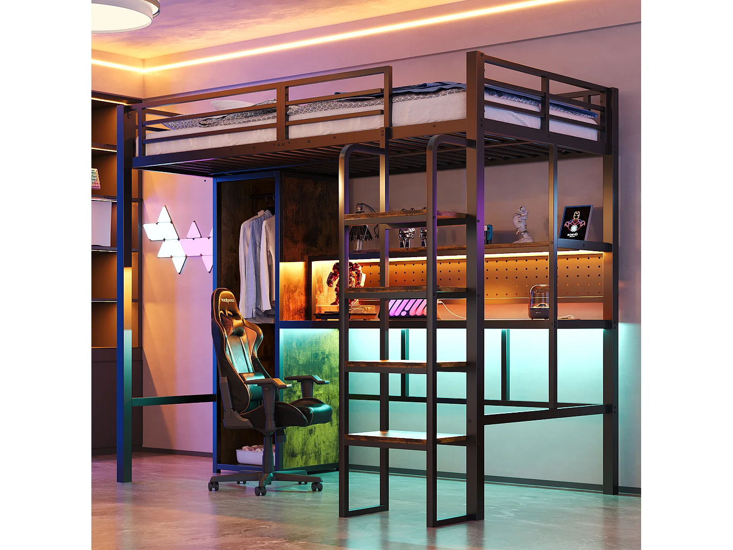 Łóżko piętrowe metalowe dla dzieci - 90 x 200 cm - z szafą + biurkiem + oświetleniem LED + półką - MDF + metal - czarne 4853697 - obrazek 1