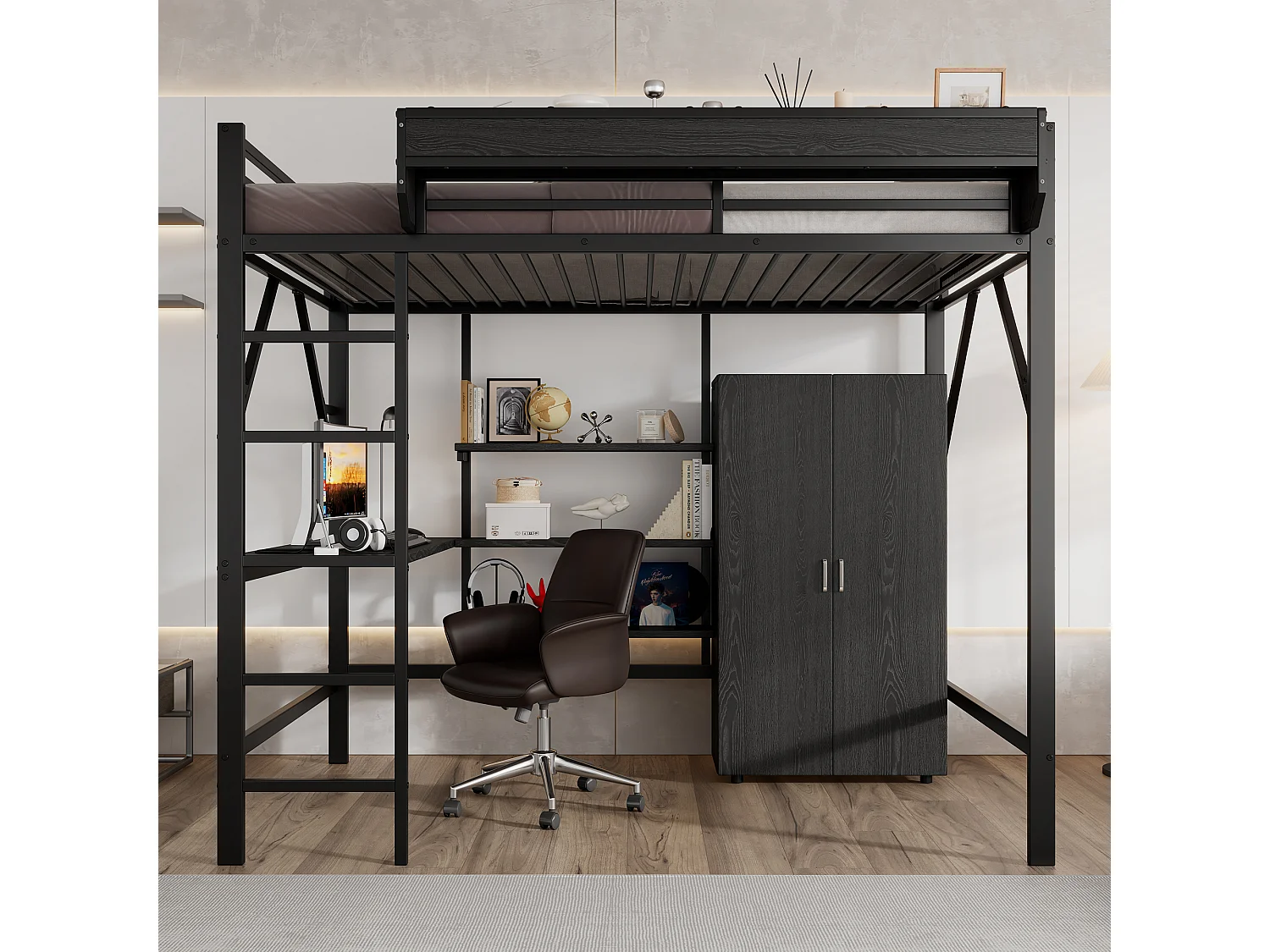 Łóżko piętrowe dla dzieci, żelazne, 140 x 200 cm, z szafą + biurkiem + półką - żelazo + płyta MDF - czarne 4853702 - obrazek 1