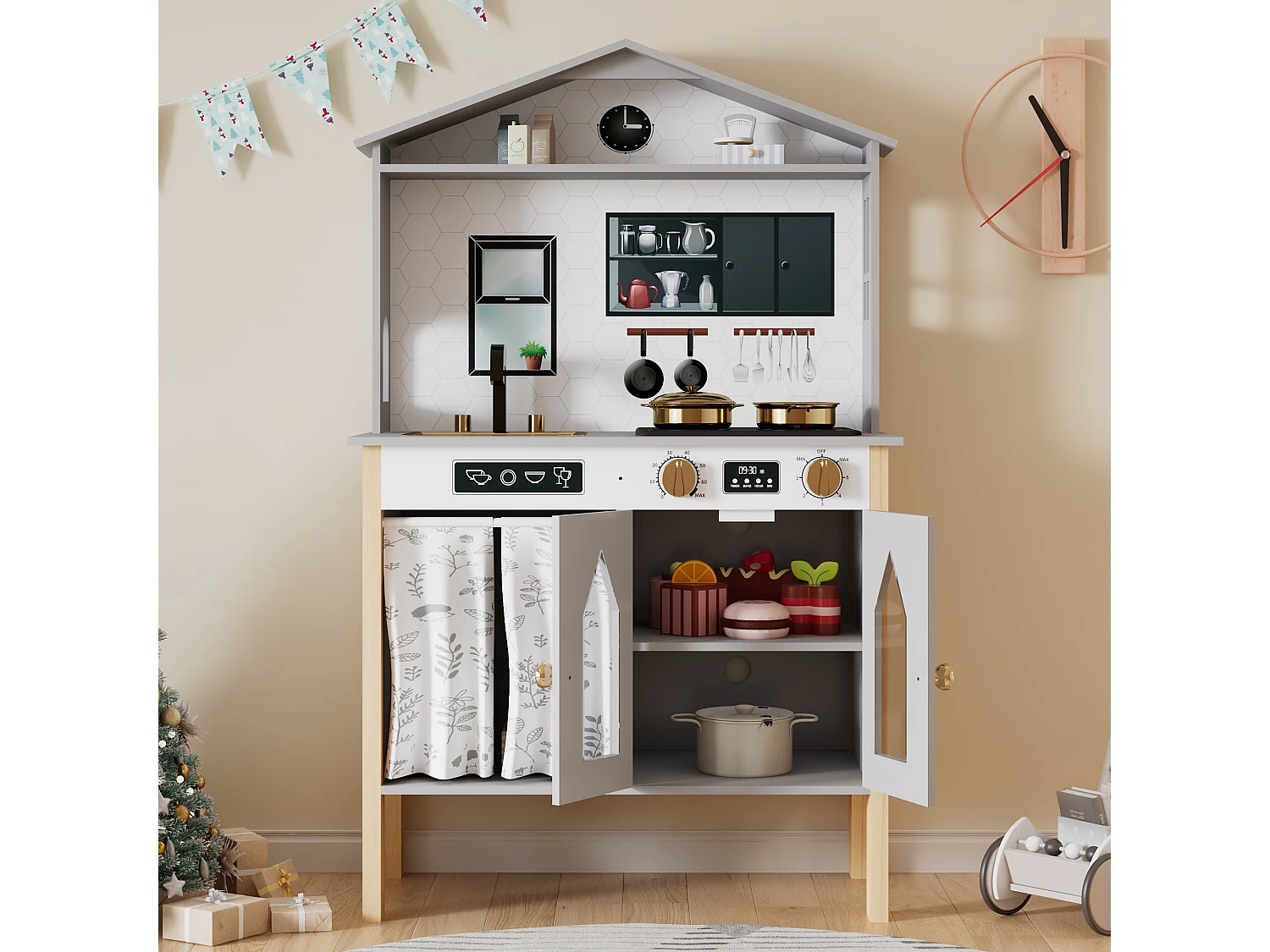 Kuchnia do zabawy dla dzieci – 60 x 28,5 x 92 cm – Domek z akcesoriami i efektami – Dla dzieci w wieku 3 lat i starszych – Płyta MDF – Niebieski 4853721