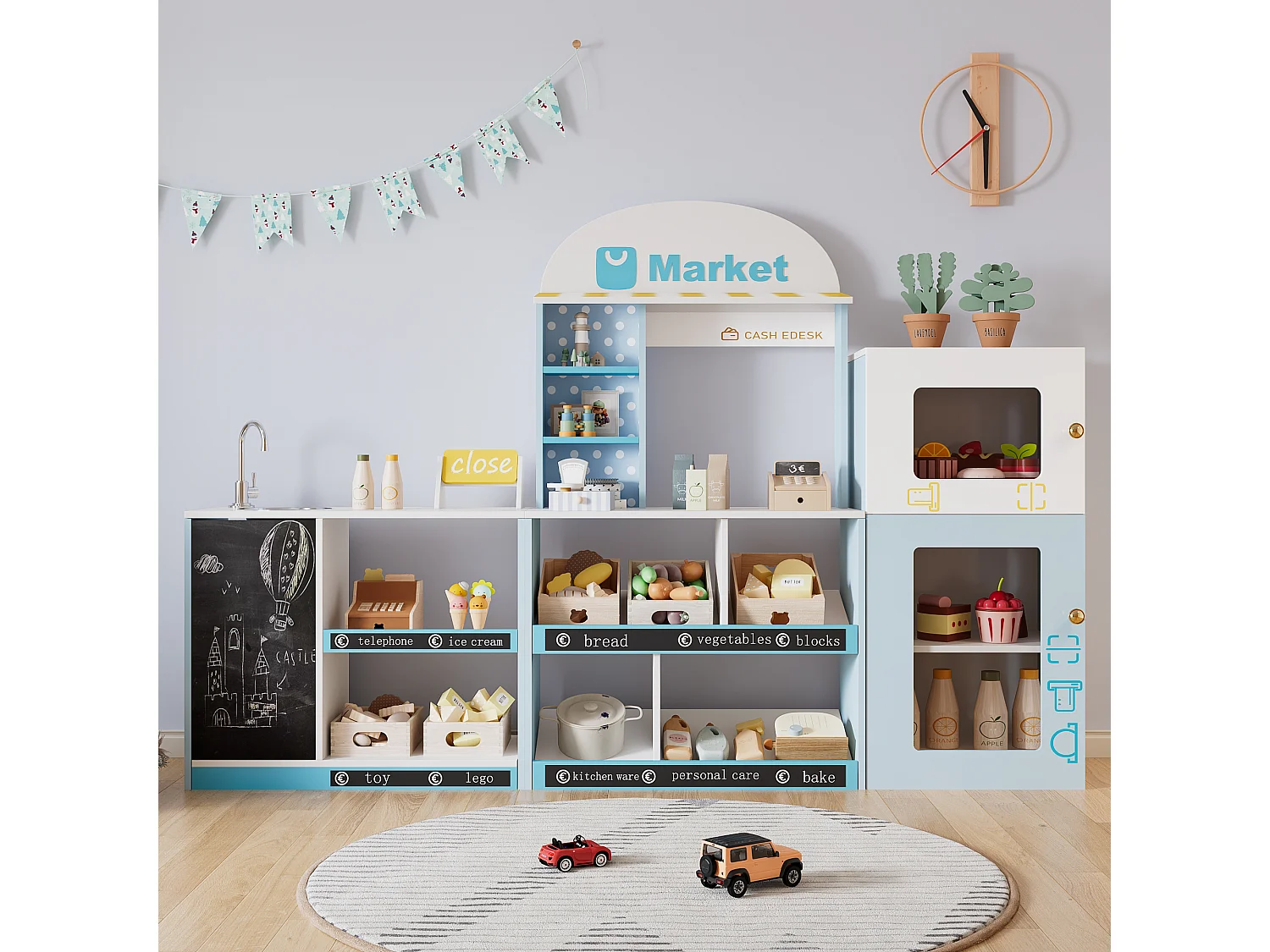 Kuchnia do zabawy dla dzieci – 155 x 30 x 107,5 cm – Domek z akcesoriami i efektami – Dla dzieci w wieku 3 lat i starszych – Płyta MDF – Niebieski 4853732