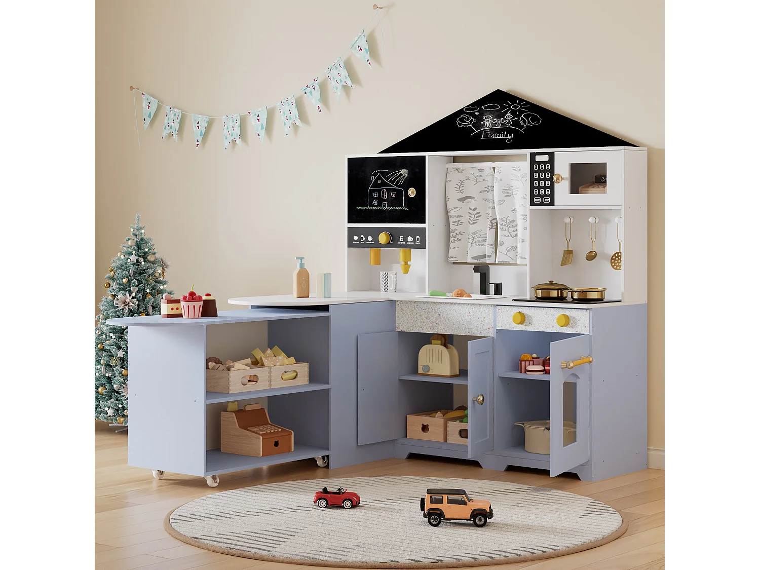 Kuchnia do zabawy dla dzieci – 90 x 60 x 105 cm – Domek z akcesoriami i efektami – Dla dzieci w wieku 3 lat i starszych – Płyta MDF – Fioletowa 4853737