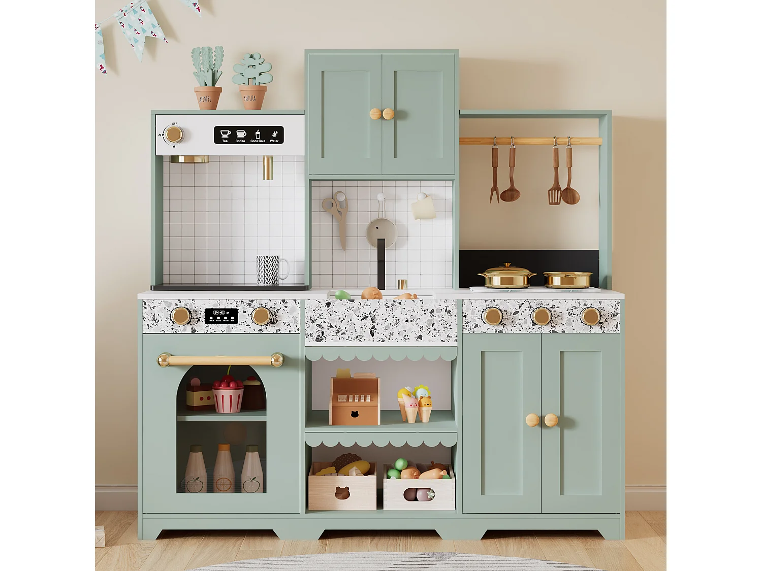 Kuchnia do zabawy dla dzieci – 90 x 30 x 98 cm – Domek z akcesoriami i efektami – Dla dzieci w wieku 3 lat i starszych – Płyta MDF – Zielony 4853746