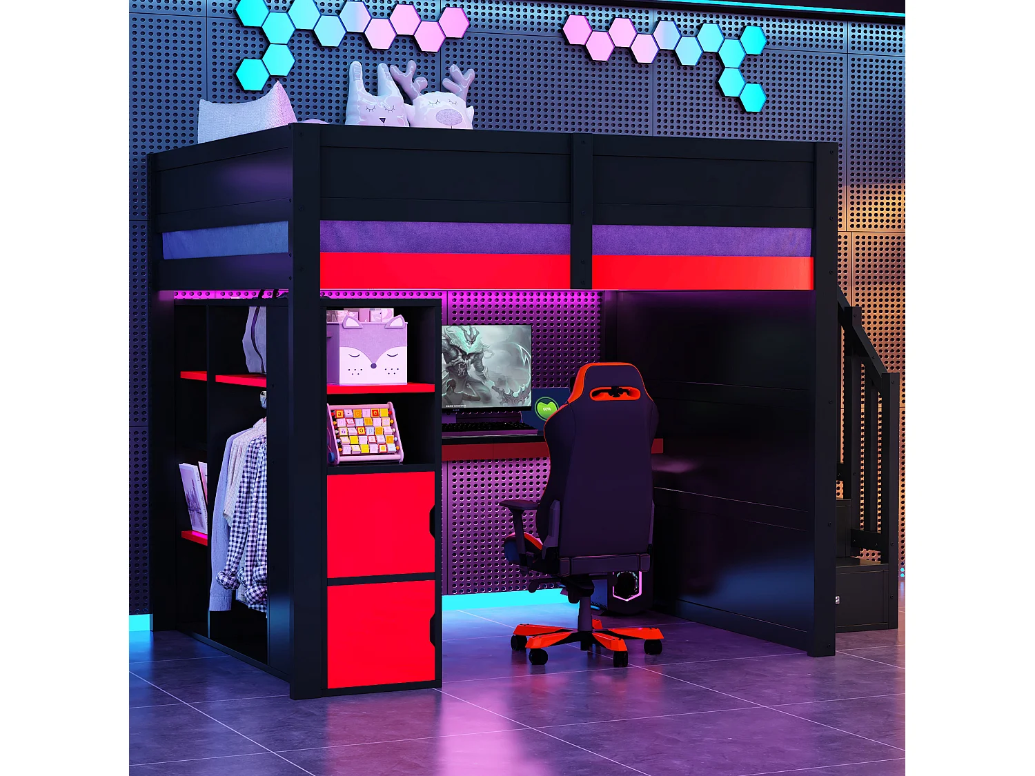 Łóżko piętrowe dla graczy z drewna - 140 x 200 cm - z biurkiem + oświetleniem LED + półką i schodkami do przechowywania + szafą - MDF - czarny + czerwony 4853756 - obrazek 1