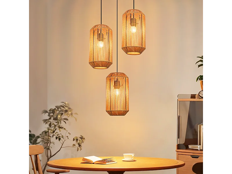 Lampa wisząca Nettlife Boho Rattan na stół jadalny – 3 żarówki E27, regulowana wysokość, styl retro, do salonu/sypialni (żarówki nie są dołączone) 4860962 - obrazek 1