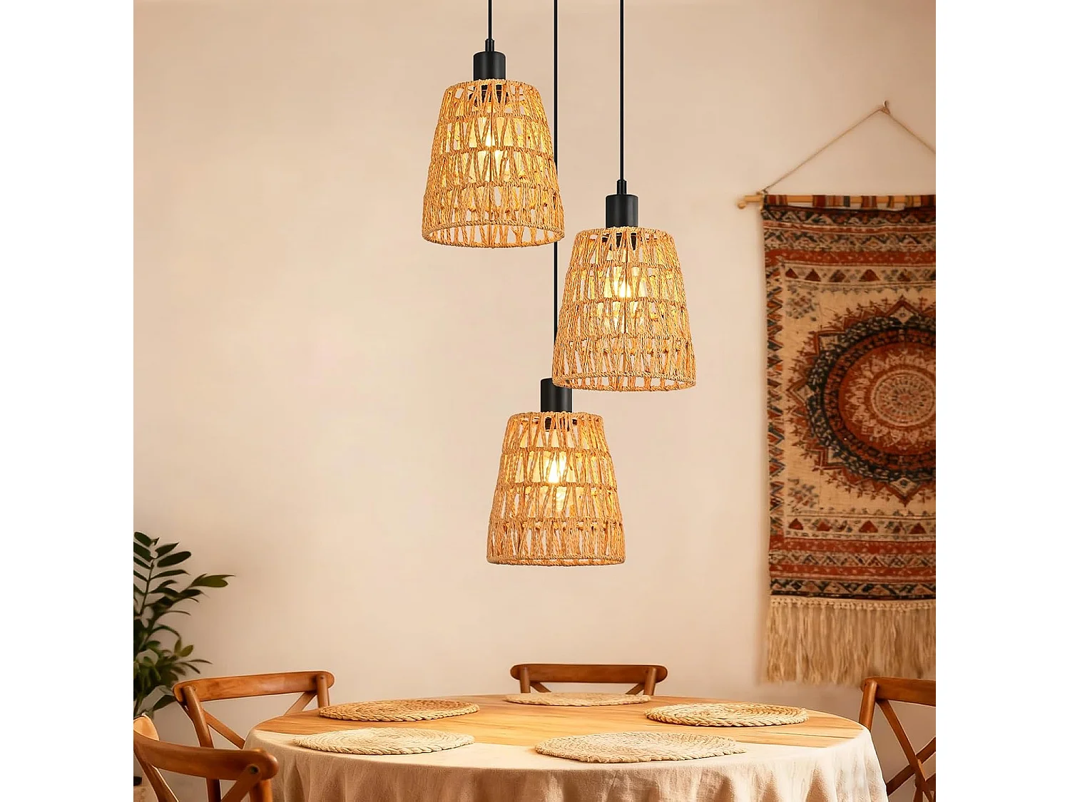 Lampa wisząca Nettlife Boho Rattan z 3 żarówkami – żyrandol z plecionej liny konopnej w stylu vintage, E27 – oświetlenie kuchni/jadalni (żarówki nie są dołączone) 4860983 - obrazek 1