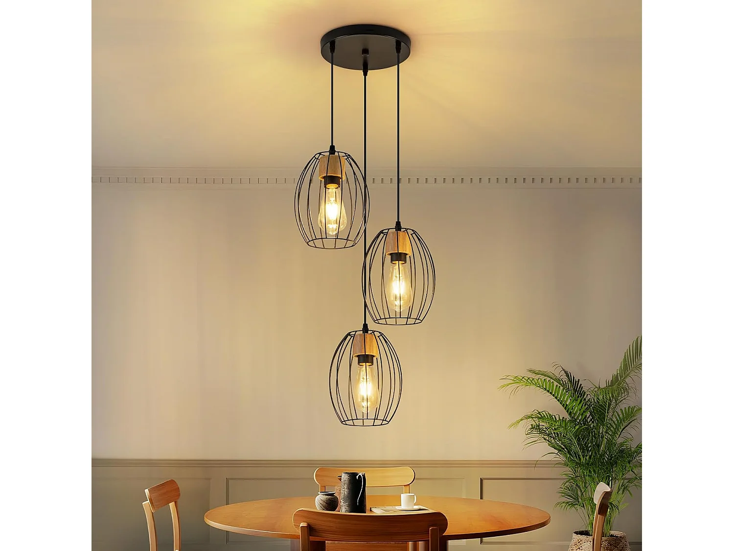 Lampa wisząca Nettlife Vintage z 3 żarówkami – żyrandol industrialny, czarny metal i drewno, gniazdo E27 – kuchnia, jadalnia, salon (żarówki nie są dołączone) 4860987 - obrazek 1