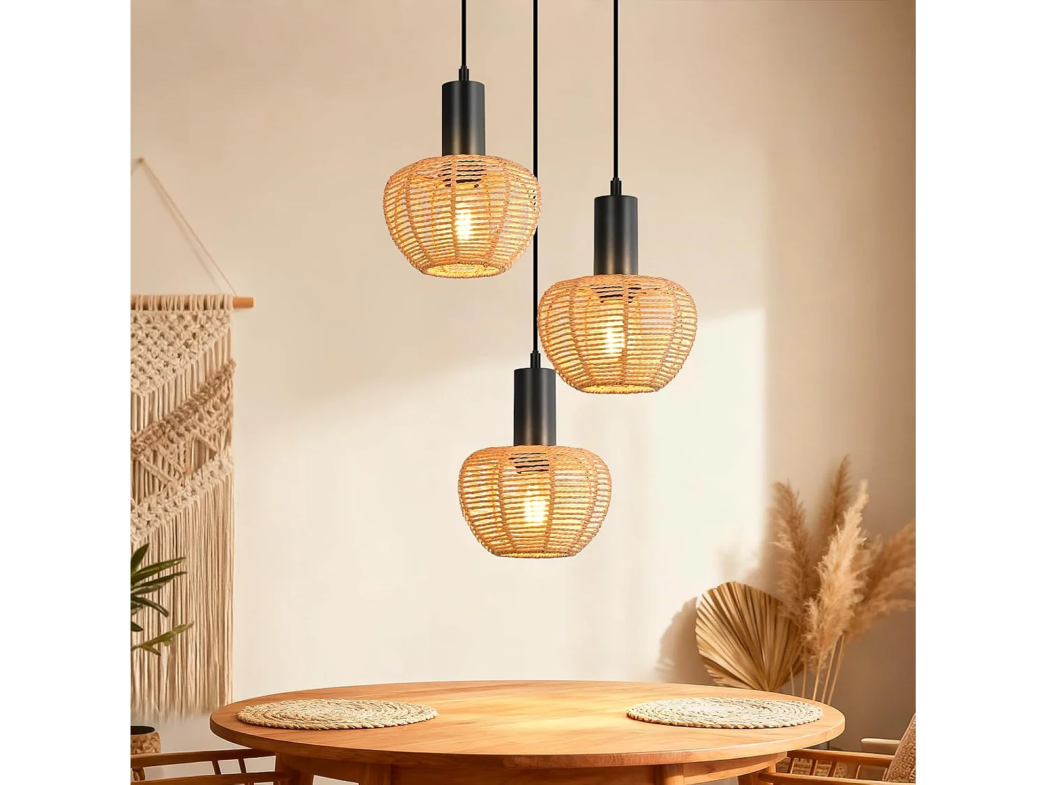 Lampa wisząca Nettlife Boho Rattan z 3 żarówkami – żyrandol z plecionej liny konopnej w stylu vintage, E27 – oświetlenie kuchni/jadalni (żarówki nie są dołączone) 4860990 - obrazek 1