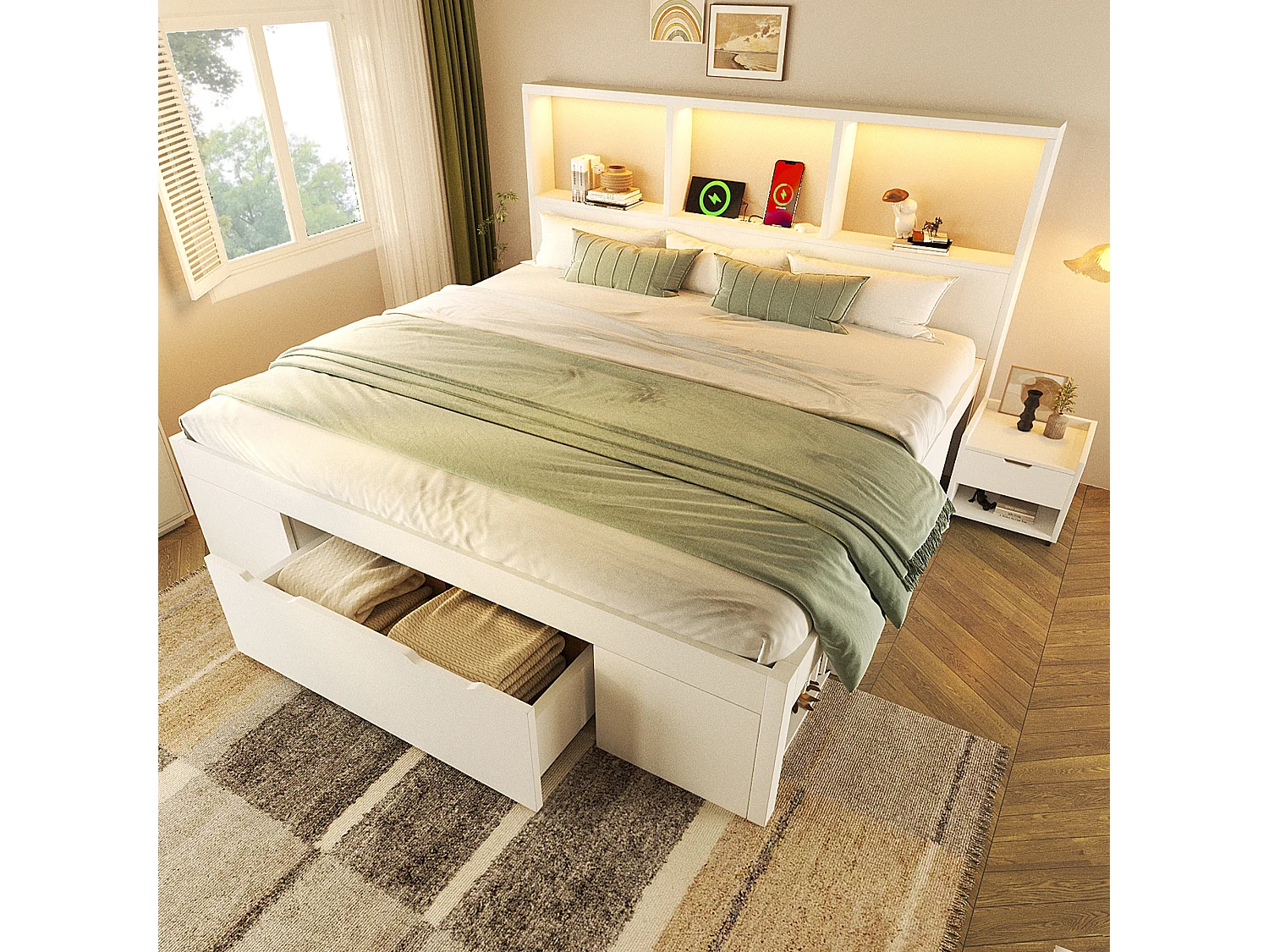 Łóżko pojedyncze drewniane z pojemnikiem - 140 x 190 cm - z wyjmowaną szafką nocną + diody LED + USB + szuflady + półki - białe 4864271 - obrazek 1