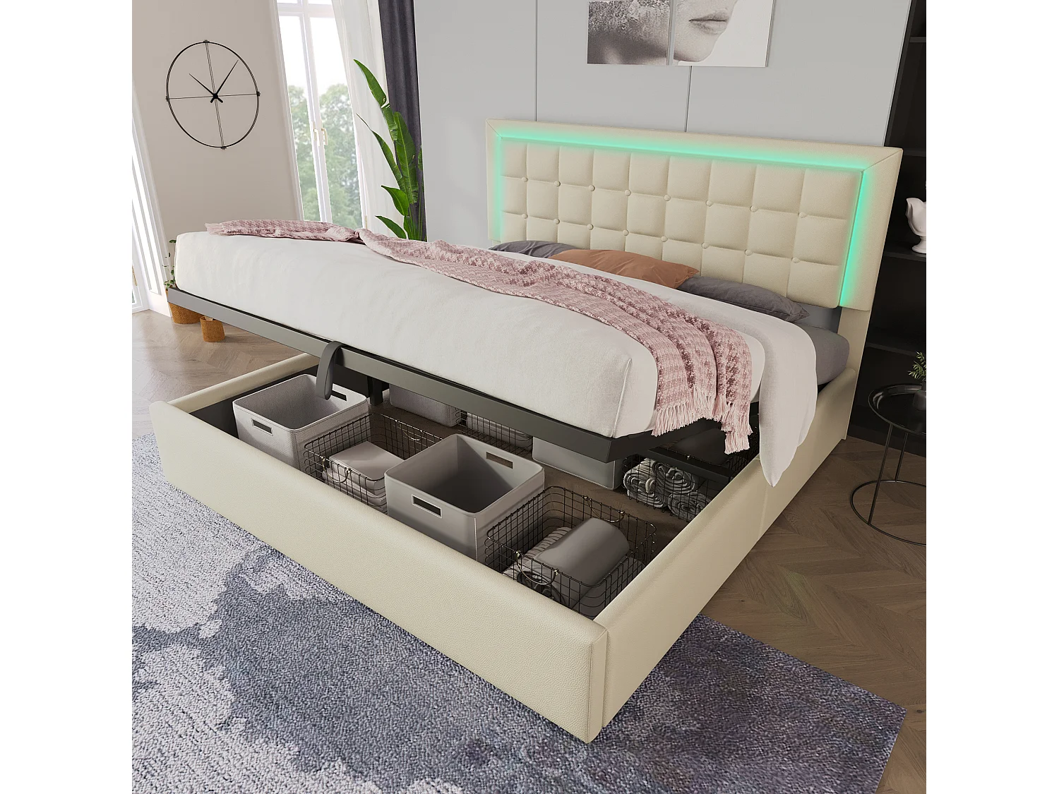 Łóżko tapicerowane dwuosobowe ze schowkiem - 180 x 200 cm - ze stelażem listwowym + oświetlenie LED + hydrauliczny schowek - PU - białe 4864279 - obrazek 1