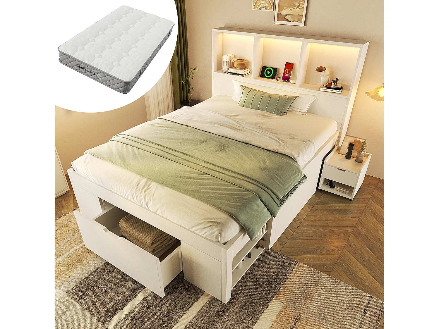 Łóżko pojedyncze drewniane z pojemnikiem - 90 x 200 cm - z wyjmowaną szafką nocną + diody LED + USB + szuflady + półki - białe (materac w zestawie) 4864295 - obrazek 1