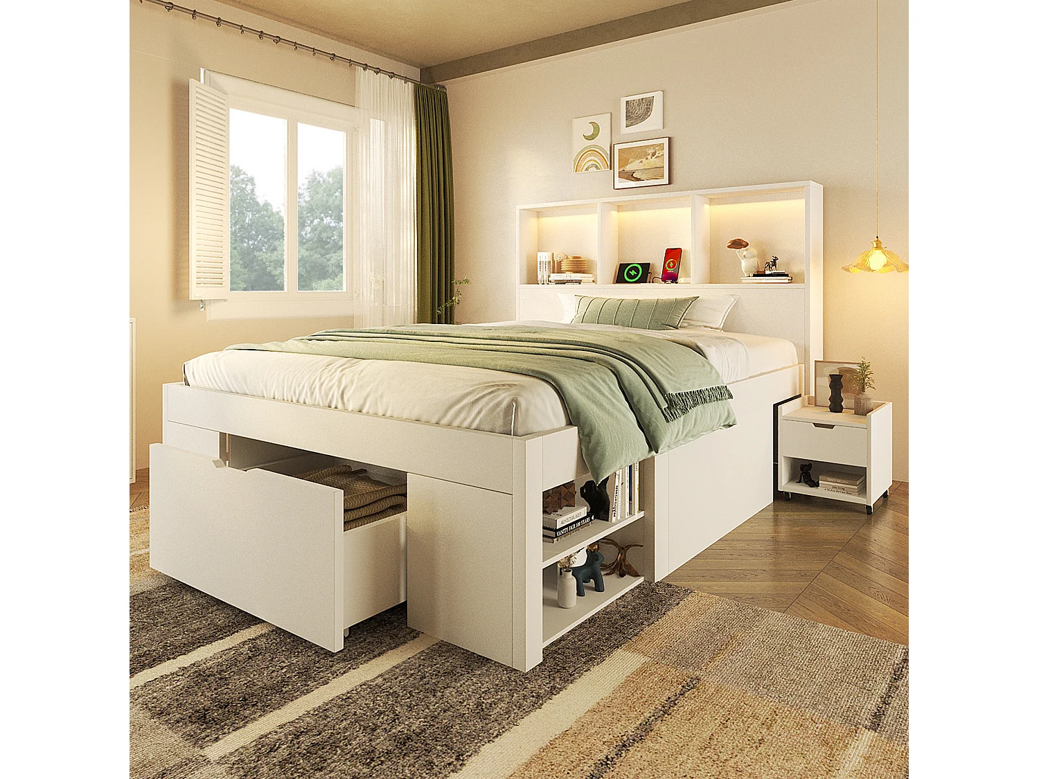 Łóżko pojedyncze drewniane z pojemnikiem - 90 x 200 cm - z wyjmowaną szafką nocną + diody LED + USB + szuflady + półki - białe 4864298 - obrazek 1