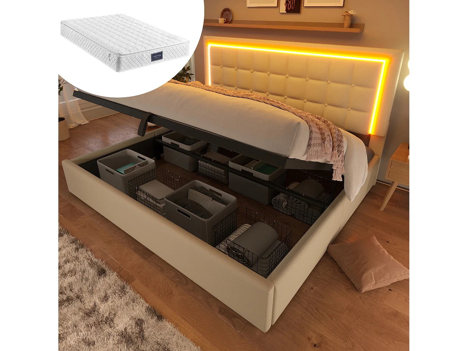 Łóżko tapicerowane z pojemnikiem na pościel, 160 x 200 cm, z dnem z listew + oświetlenie LED + hydrauliczny schowek - PU - białe (materac w zestawie) 4864299 - obrazek 1
