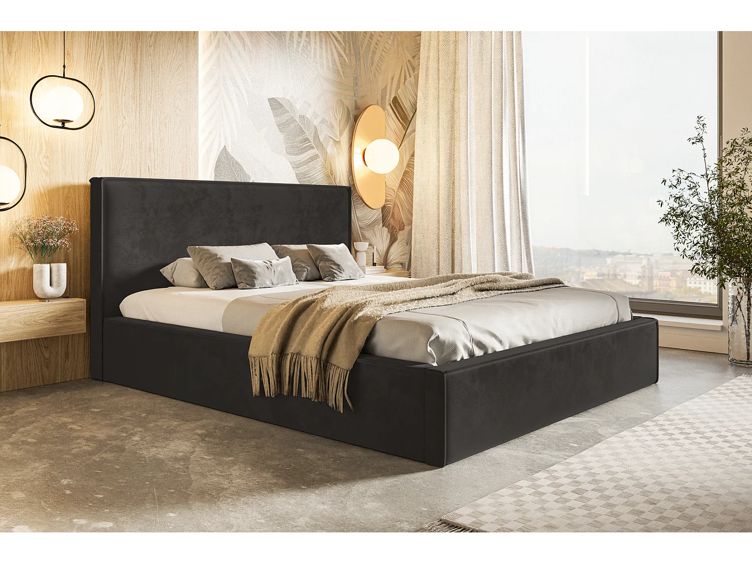 Łóżko sypialniane 160×200 cm Kyoto, pojemnik i stelaż metalowy – łóżko w aksamitnej tkaninie, czarny (Amor Velvet 4322) 4866712
