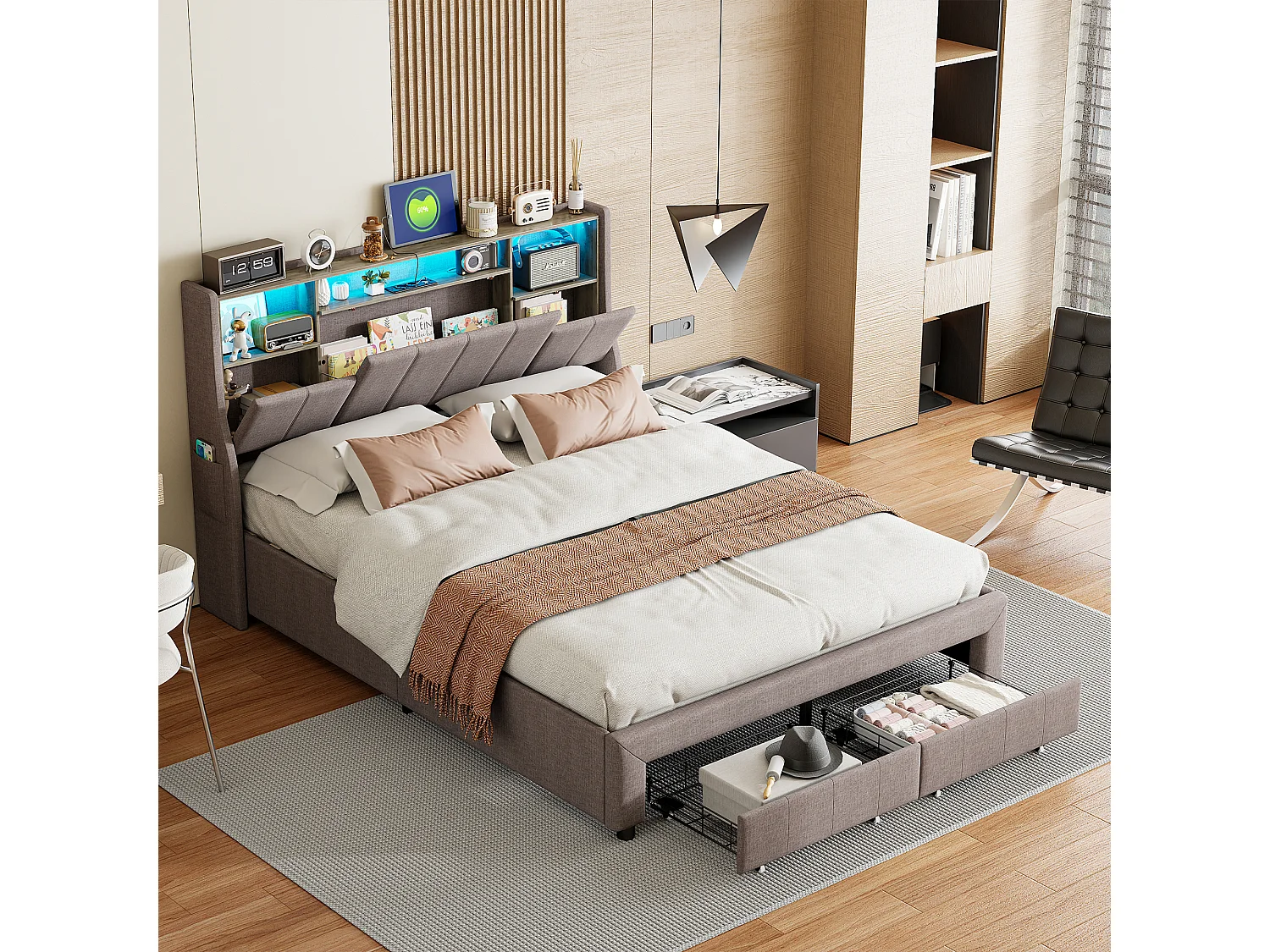 Łóżko Podwójne 160x200 cm Szara Tkanina z Przechowywaniem, LED Zagłówek, Porty USB/C i Wbudowana Półka 4866875 - obrazek 1