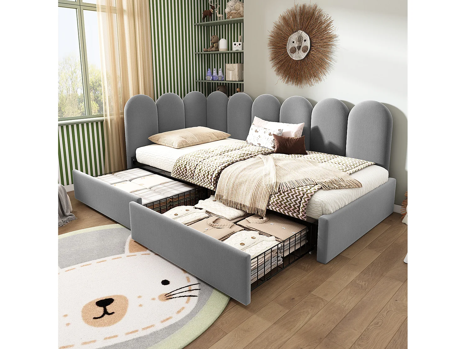 Łóżko tapicerowane dla dzieci z pojemnikiem – 90 x 190 cm – z 2 szufladami + stelaż – sofa rozkładana – welur – szary 4864281
