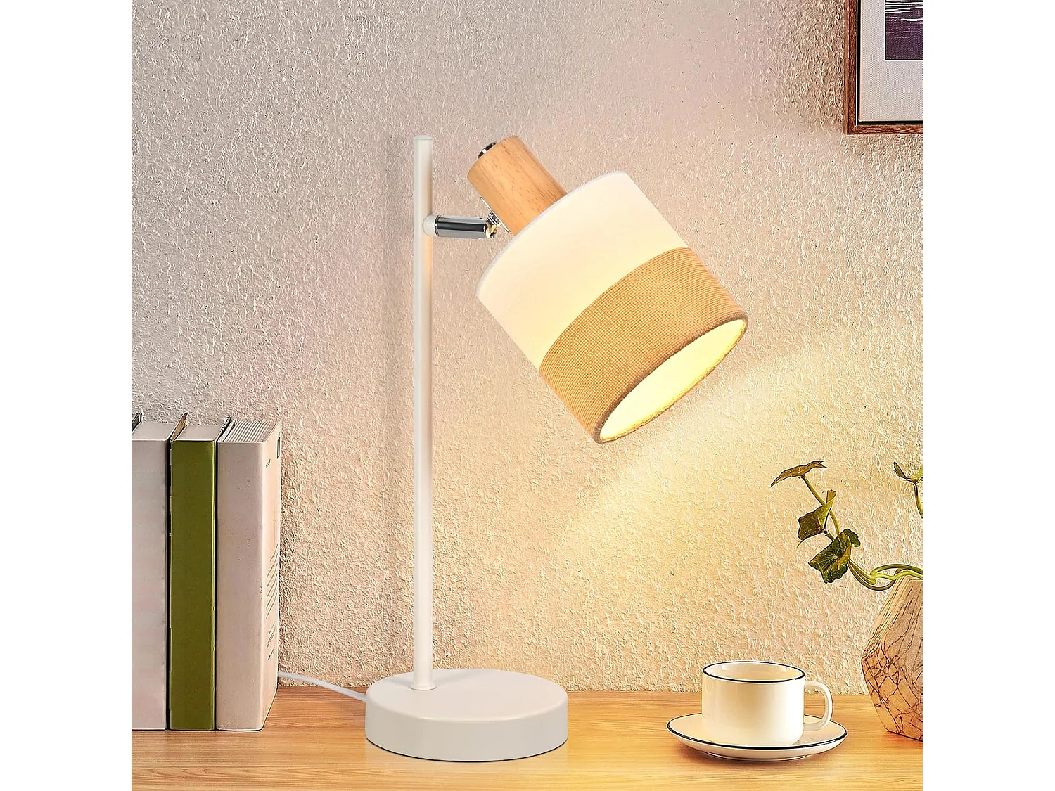 Lampa stołowa Nettlife Vintage z drewna – lampka nocna z materiału z kablem E14, rustykalny, obrotowy uchwyt w stylu retro (żarówka nie jest dołączona) 4860941 - obrazek 1