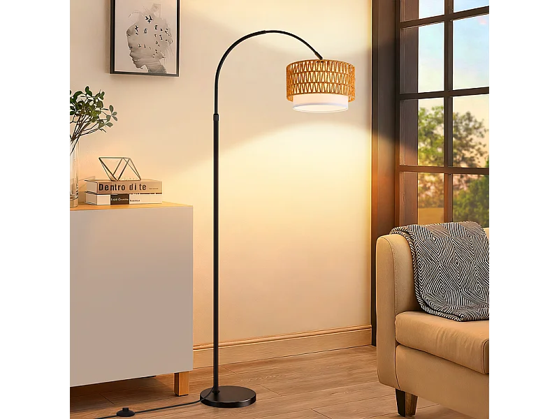 Lampa podłogowa Nettlife w stylu boho z rattanu w kształcie łuku – vintage, ściemnialna z pilotem, żarówka LED E27 9 W, wysokość 165–180 cm, obrotowa, czarna 4861016 - obrazek 1