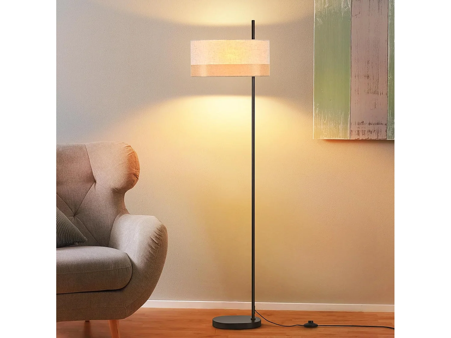 Lampa podłogowa Nettlife Vintage do salonu – biała, materiałowa lampa podłogowa z włącznikiem nożnym E27, rustykalny (żarówka nie jest dołączona) 4861025 - obrazek 1