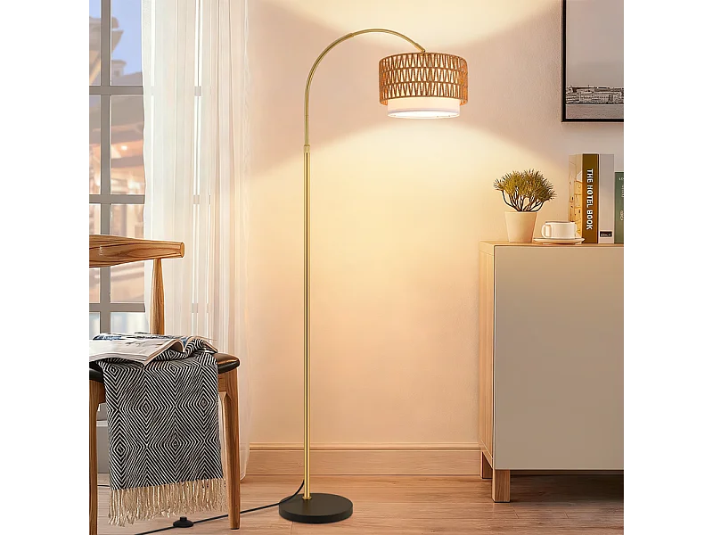 Lampa podłogowa Nettlife Boho Rattan – ściemnialna lampa łukowa z pilotem, dioda LED E27, styl vintage, wysokość 165–180 cm, obrót 350°, kolor złoty 4861029 - obrazek 1