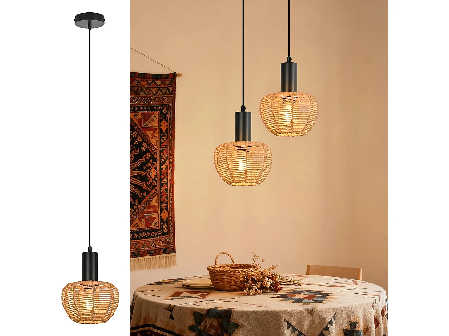 Lampa wisząca Nettlife Boho Rattan 1-światłowa – pleciona w stylu vintage, lina konopna E27 do jadalni (bez żarówki) 4860976 - obrazek 1