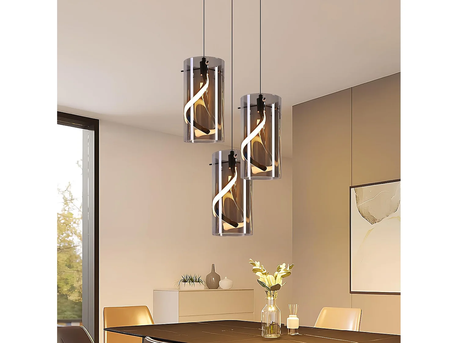 Lampa wisząca LED Nettlife Vintage z 3 źródłami światła – okrągła, przydymione szare szkło, 23 W, 3000 K, w stylu retro, regulowana, lampa stołowa do jadalni 4860904 - obrazek 1