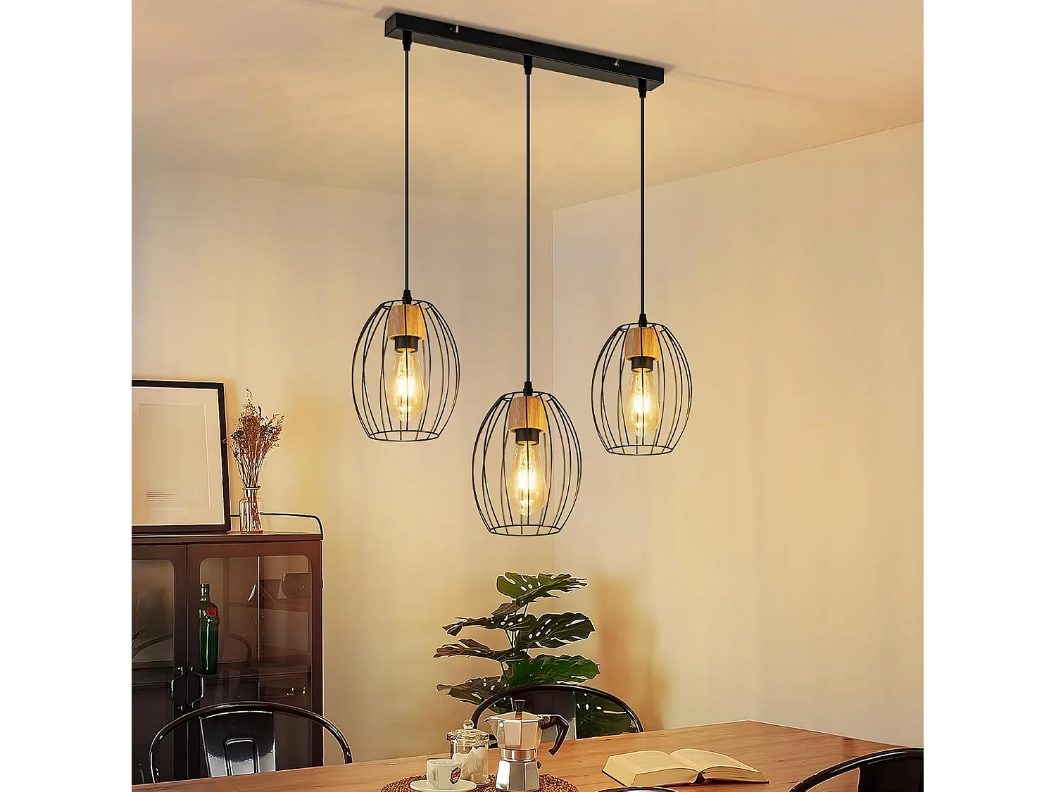 Lampa wisząca Nettlife Vintage na stół jadalny - 3-punktowa lampa wisząca na stół, czarny metal, gniazdo E27, styl retro (żarówki nie są dołączone). 4860979 - obrazek 1