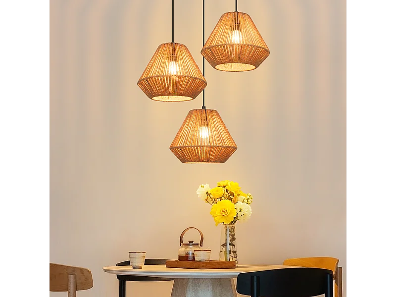 Lampa wisząca Nettlife Boho Rattan na stół jadalny – 3 żarówki E27, regulowana wysokość, styl retro, do salonu/sypialni (żarówki nie są dołączone) 4860909 - obrazek 1