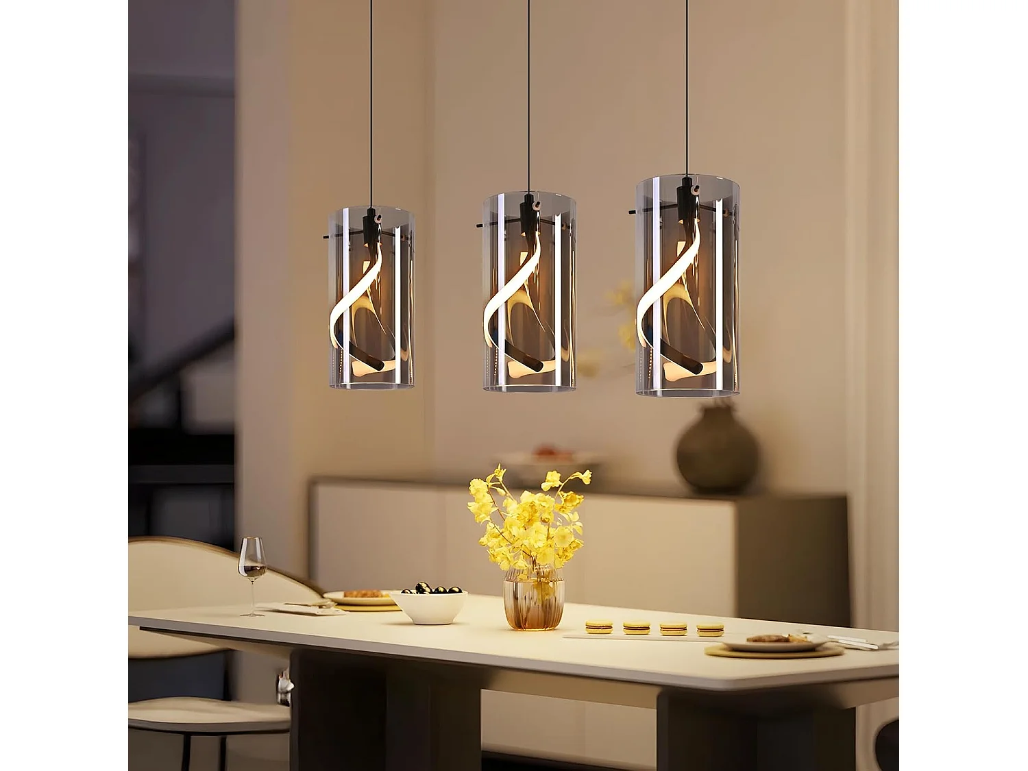 Lampa wisząca LED Nettlife Vintage z 3 światłami – szkło w kolorze dymnego szarego szkła, 23 W, 3000 K, w stylu retro, regulowana, lampa stołowa do jadalni 4860964 - obrazek 1