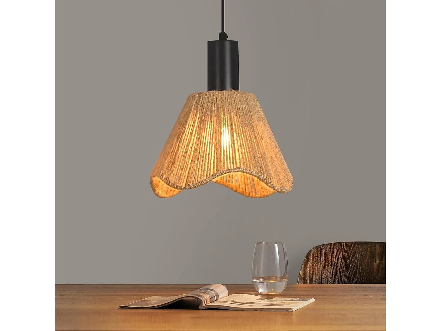 Lampa wisząca Nettlife Boho Rattan 1-punktowa – pleciona lampa do jadalni w stylu vintage, lina konopna E27 do jadalni (żarówka nie jest dołączona) 4860952 - obrazek 1