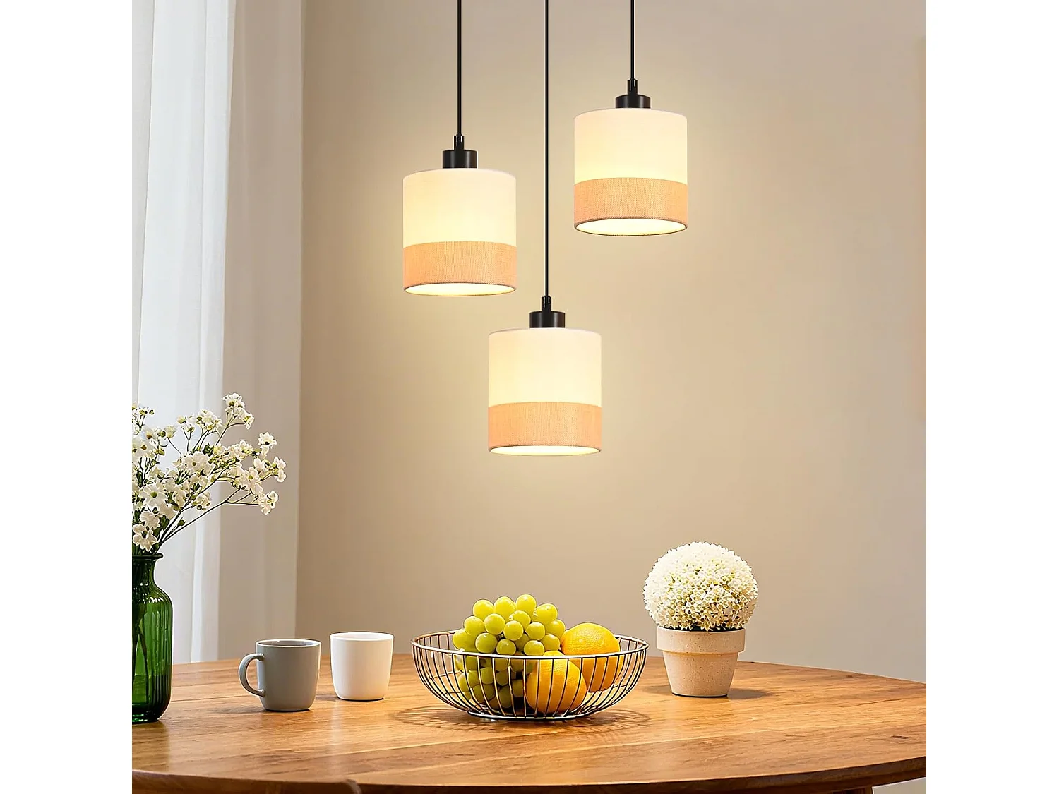 Lampa wisząca Nettlife Vintage Dining Table – 3-punktowy biały żyrandol materiałowy E27, oświetlenie retro do salonu i kuchni (żarówki nie są dołączone) 4860973 - obrazek 1