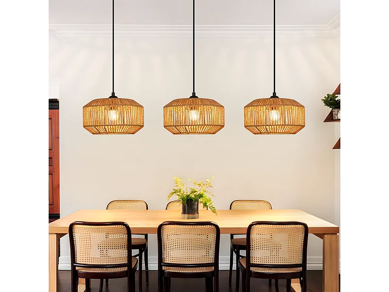 Lampa wisząca Nettlife Boho Rattan do jadalni – 3 światła, styl retro, gniazdo E27, regulowana wysokość, do salonu (żarówka nie jest dołączona) 4860970 - obrazek 1