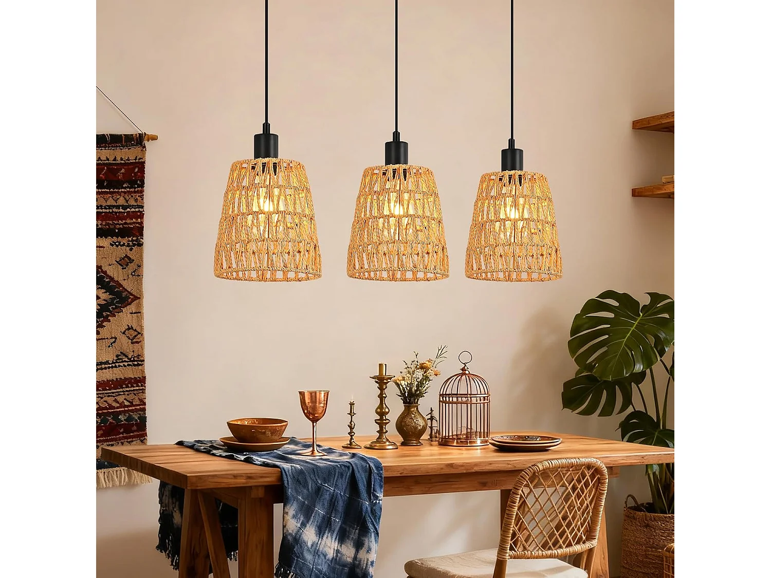 Lampa wisząca Nettlife Boho Rattan z 3 żarówkami – żyrandol z plecionej liny konopnej w stylu vintage, E27 – oświetlenie kuchni/jadalni (żarówki nie są dołączone) 4860951 - obrazek 1