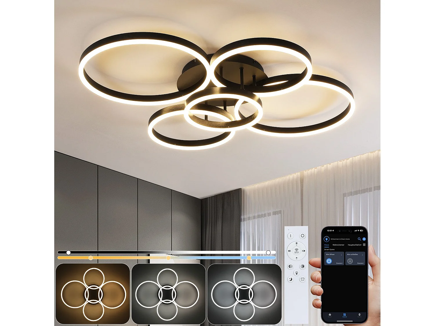 Lampa sufitowa LED NETTLIFE do salonu, ściemnialna, 78 W, 3000–6500 K, 5 pierścieni, nowoczesna, złota, akrylowa, z pilotem 4361535 - obrazek 1