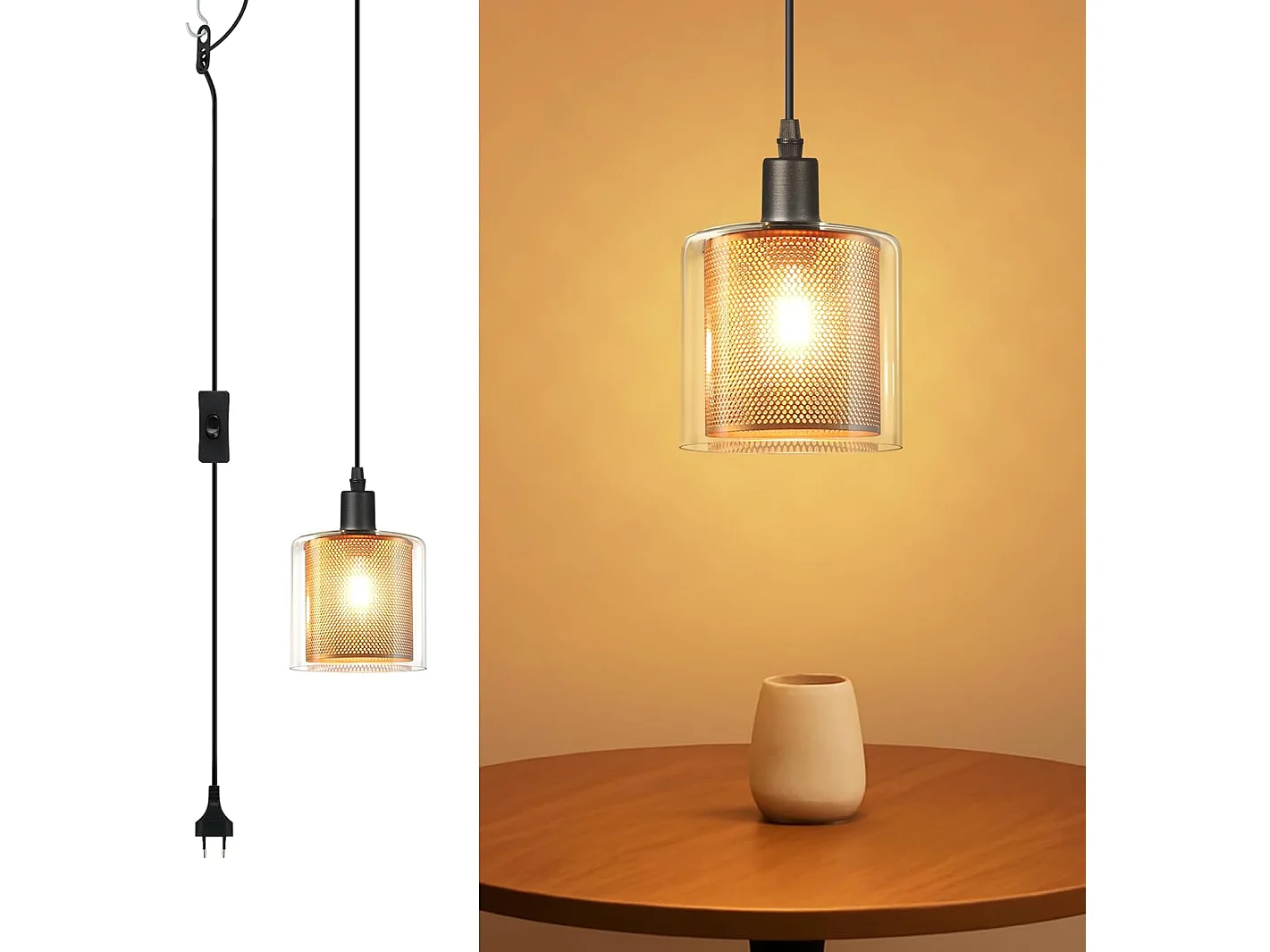 Lampa wisząca Nettlife Vintage 1-Bulb: złota szklana lampa wisząca z wtyczką i przełącznikiem, żarówka E14, 4,5-metrowy kabel metalowy w stylu retro 4785339 - obrazek 1