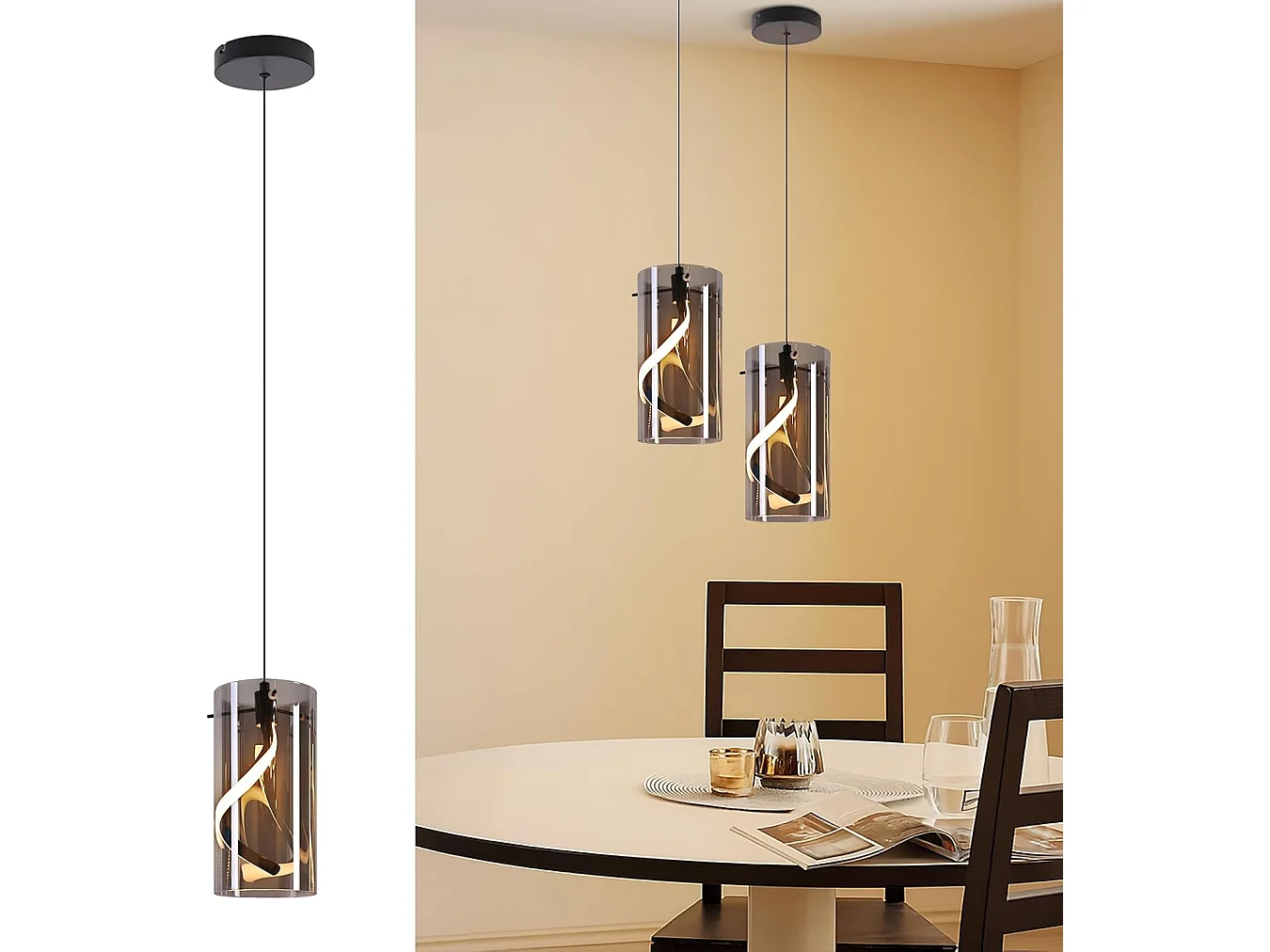 Lampa wisząca LED Nettlife Vintage do jadalni – 1 lampa, 8 W, szklana lampa wisząca, styl retro, kolor dymnej szarości, ciepłe białe światło 3000 K 4860985 - obrazek 1