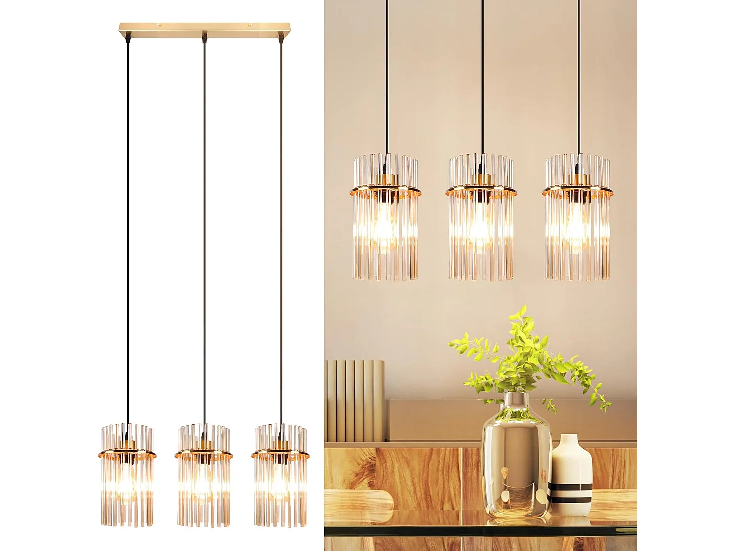 Lampa wisząca Nettlife Vintage Gold, 3 szklane żarówki, gniazdo E27, Ø 16 cm, na stół lub do kuchni (bez żarówek). 4736366 - obrazek 1