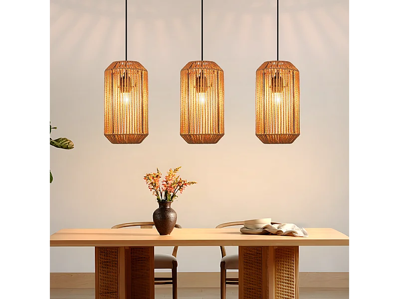 Lampa wisząca Nettlife Boho Rattan na stół jadalny – 3 żarówki E27, regulowana wysokość, styl retro, do salonu/sypialni (żarówki nie są dołączone) 4860982 - obrazek 1