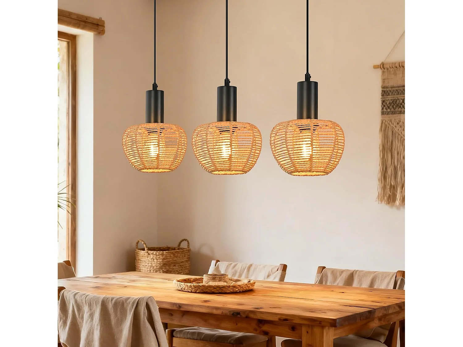 Lampa wisząca Nettlife Boho Rattan z 3 żarówkami – żyrandol z plecionej liny konopnej w stylu vintage, E27 – oświetlenie kuchni/jadalni (żarówki nie są dołączone) 4861012 - obrazek 1