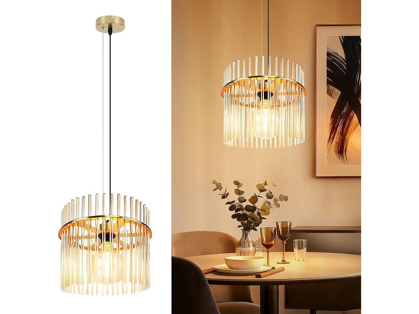 Lampa wisząca Nettlife Retro Gold, szklana, z gniazdem E27, Ø 30 cm, do kuchni i kawiarni (żarówka nie jest dołączona). 4736364 - obrazek 1