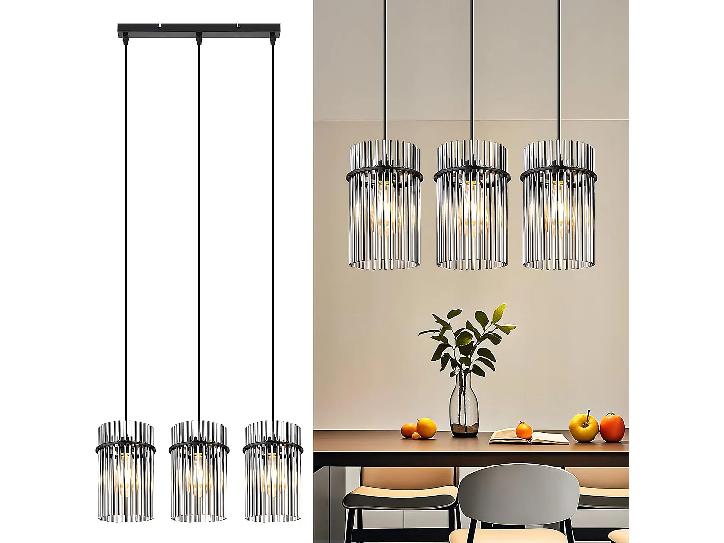 Lampa wisząca Nettlife Vintage Black, szklana, 3 żarówki, gniazdo E27, Ø 16 cm, do stołu jadalnego lub salonu (żarówki nie są dołączone). 4736380 - obrazek 1