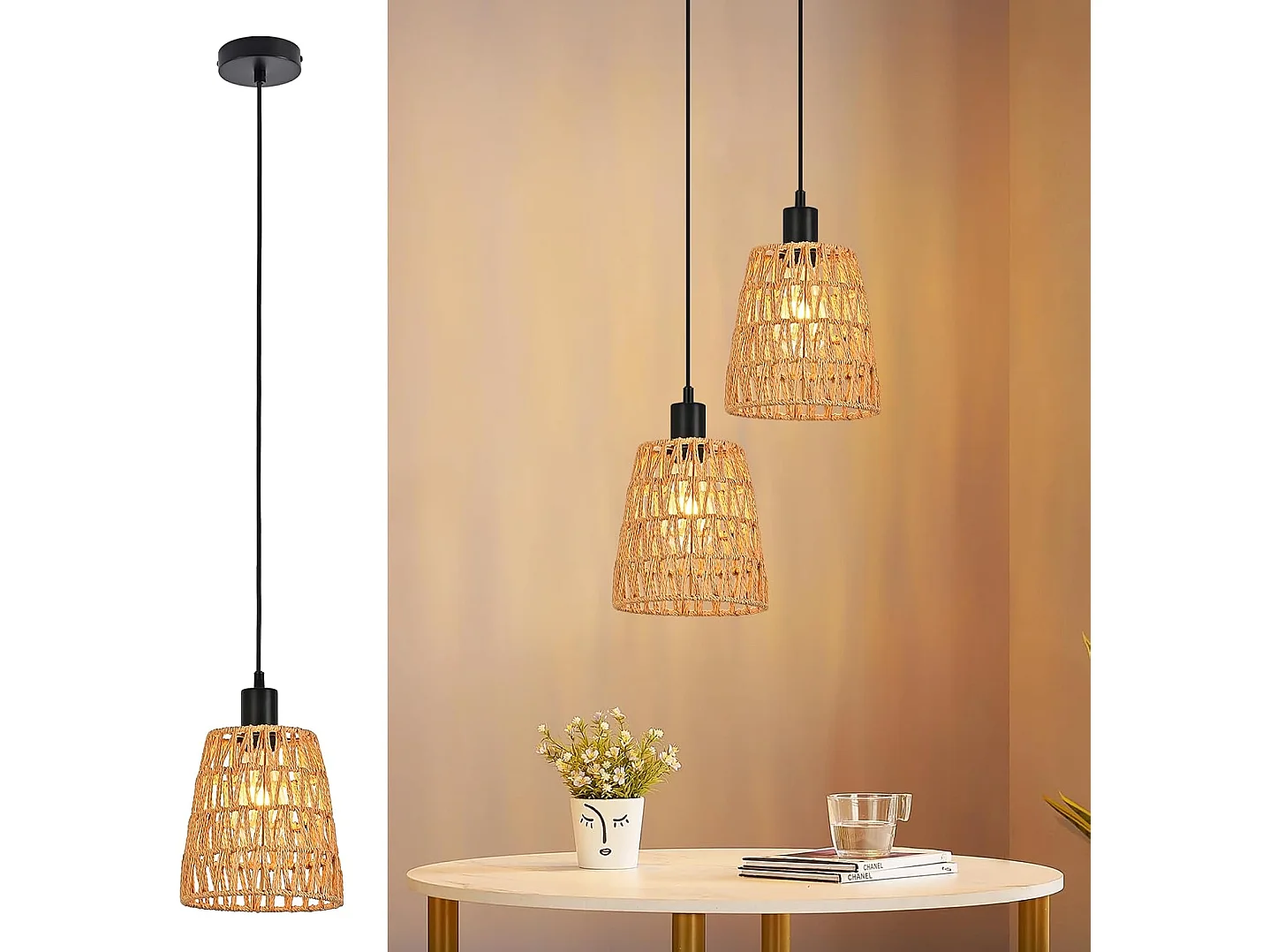 Lampa wisząca Nettlife Boho Rattan 1-punktowa – pleciona lampa do jadalni w stylu vintage, lina konopna E27 do jadalni (żarówka nie jest dołączona) 4861017 - obrazek 1