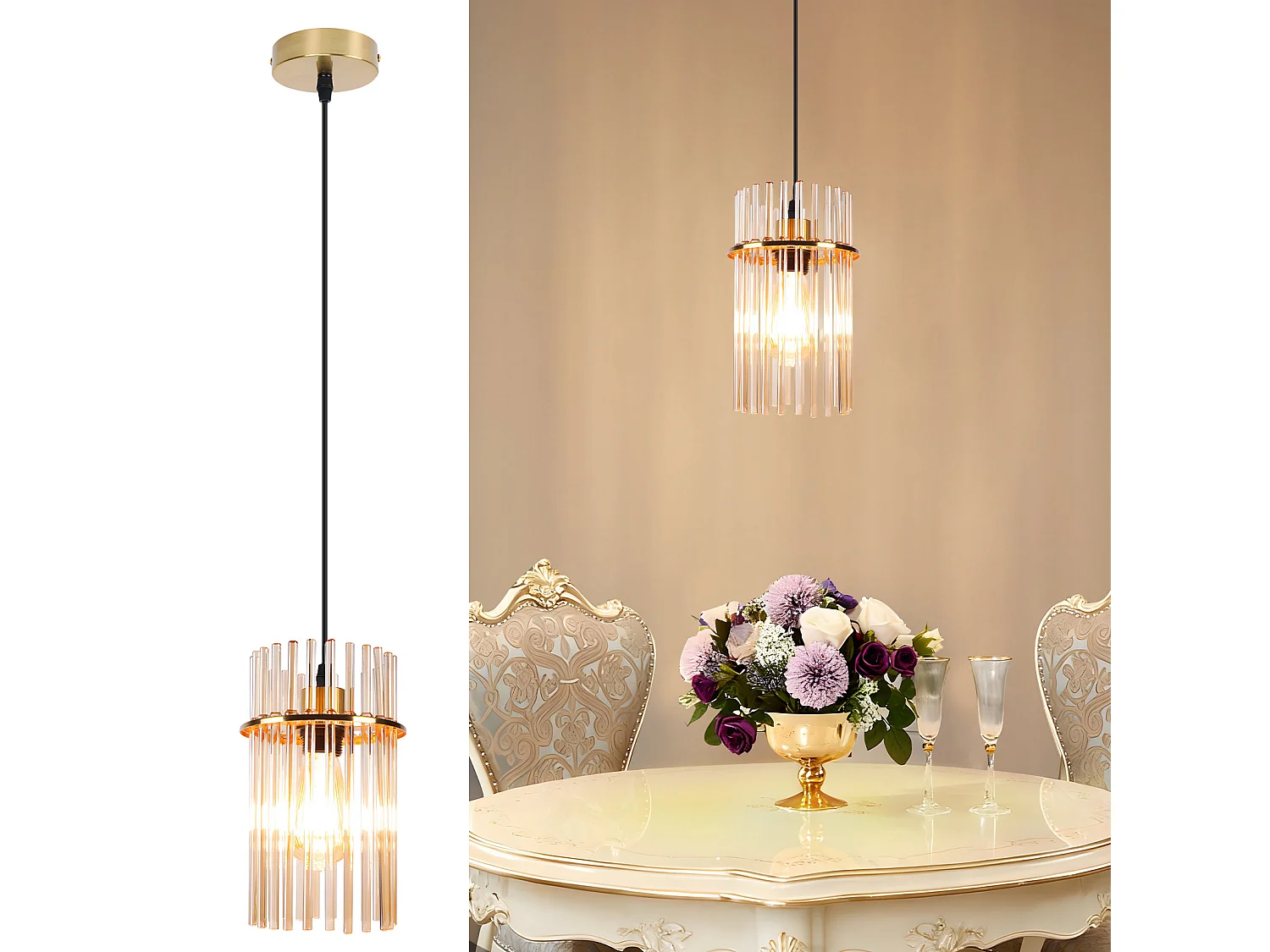 Lampa wisząca Nettlife Retro Gold, szklana lampa wisząca z gniazdem E27, 1 żarówka, Ø 30 cm, do stołu jadalnego lub kuchni (żarówka nie jest dołączona) 4736379 - obrazek 1