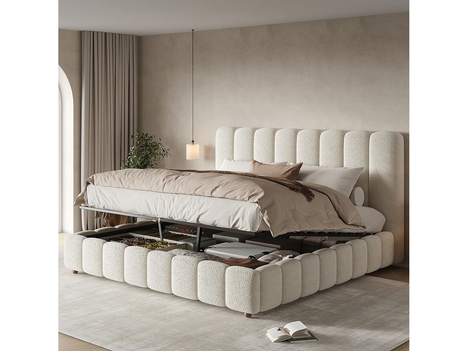 Łóżko tapicerowane dwuosobowe ze schowkiem - 160 x 200 cm - z hydraulicznym schowkiem + zagłówkiem + stelażem - pętelkowe - białe 4869126 - obrazek 1