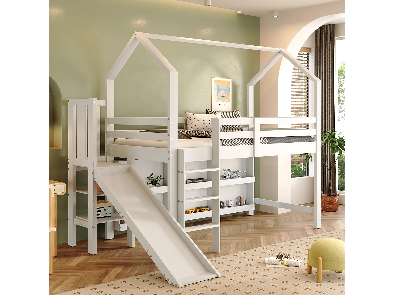 Łóżko piętrowe dla dzieci - 90 x 200 cm - ze zjeżdżalnią + schodki + półka do przechowywania - lite drewno + płyta MDF - białe 4869181 - obrazek 1