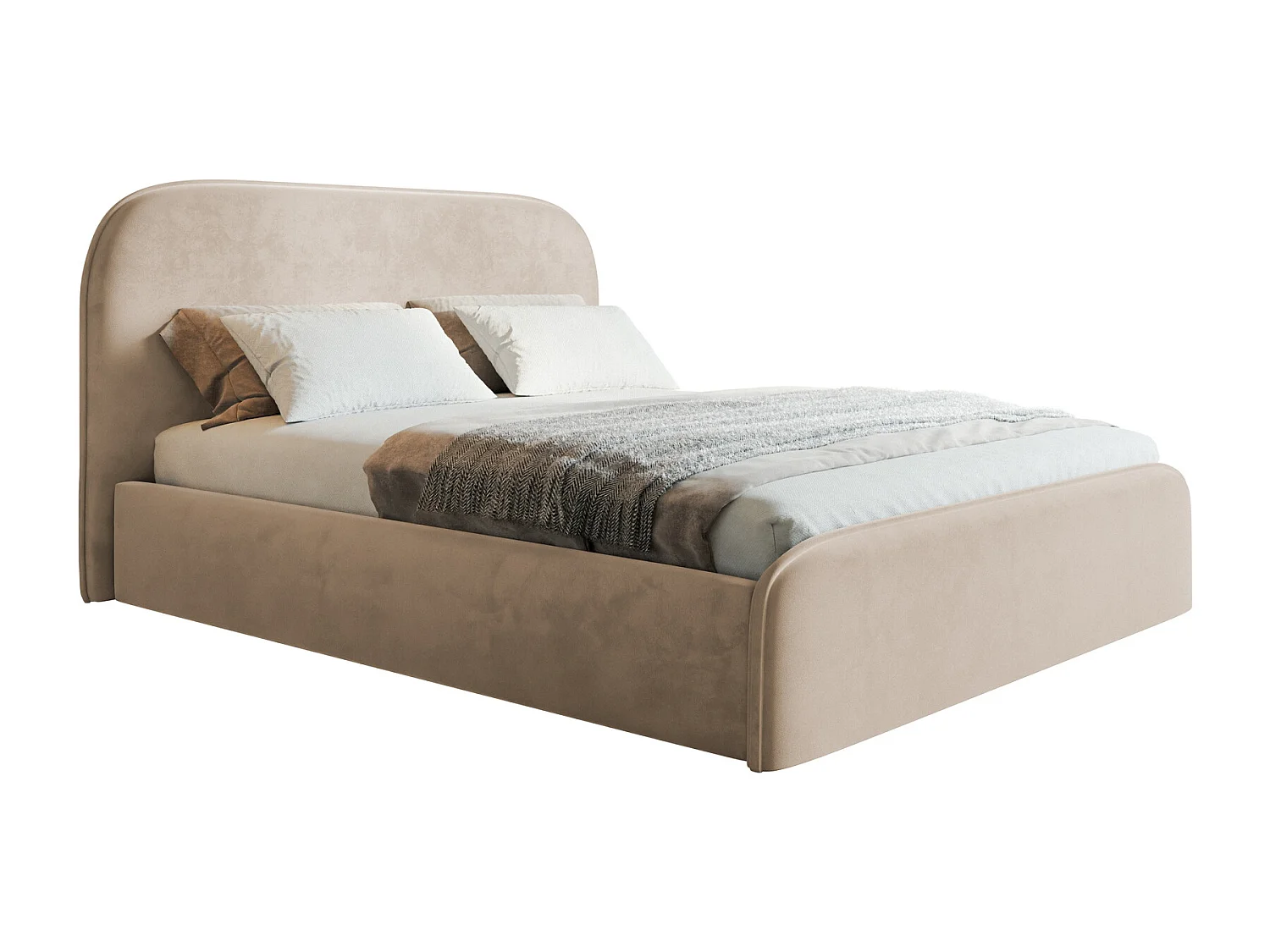 Łóżko tapicerowane 160x200 Wendra - stelaż metalowy, okrągłe zagłowie, welur - beżowy (Amor Velvet 4304) 4866395 - obrazek 1