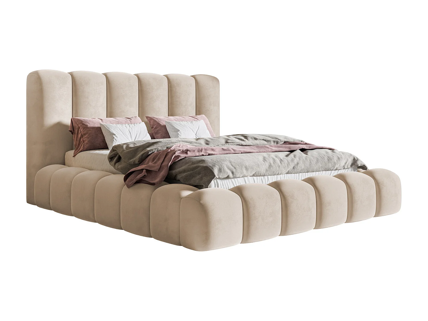 Łóżko tapicerowane 180x200 Madeno - gruba pianka, pojemnik, stelaż metalowy - welur, beżowy (Amor Velvet 4304) 4866406 - obrazek 1
