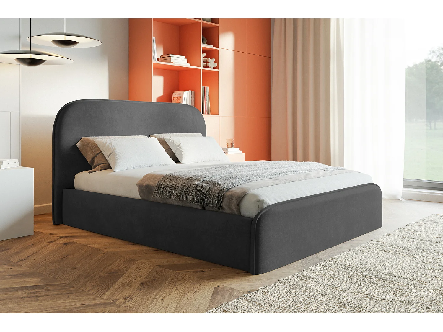 Łóżko tapicerowane 200x200 Wendra - stelaż metalowy, okrągłe zagłowie, welur - ciemny szary (Amor Velvet 4321) 4866683 - obrazek 1