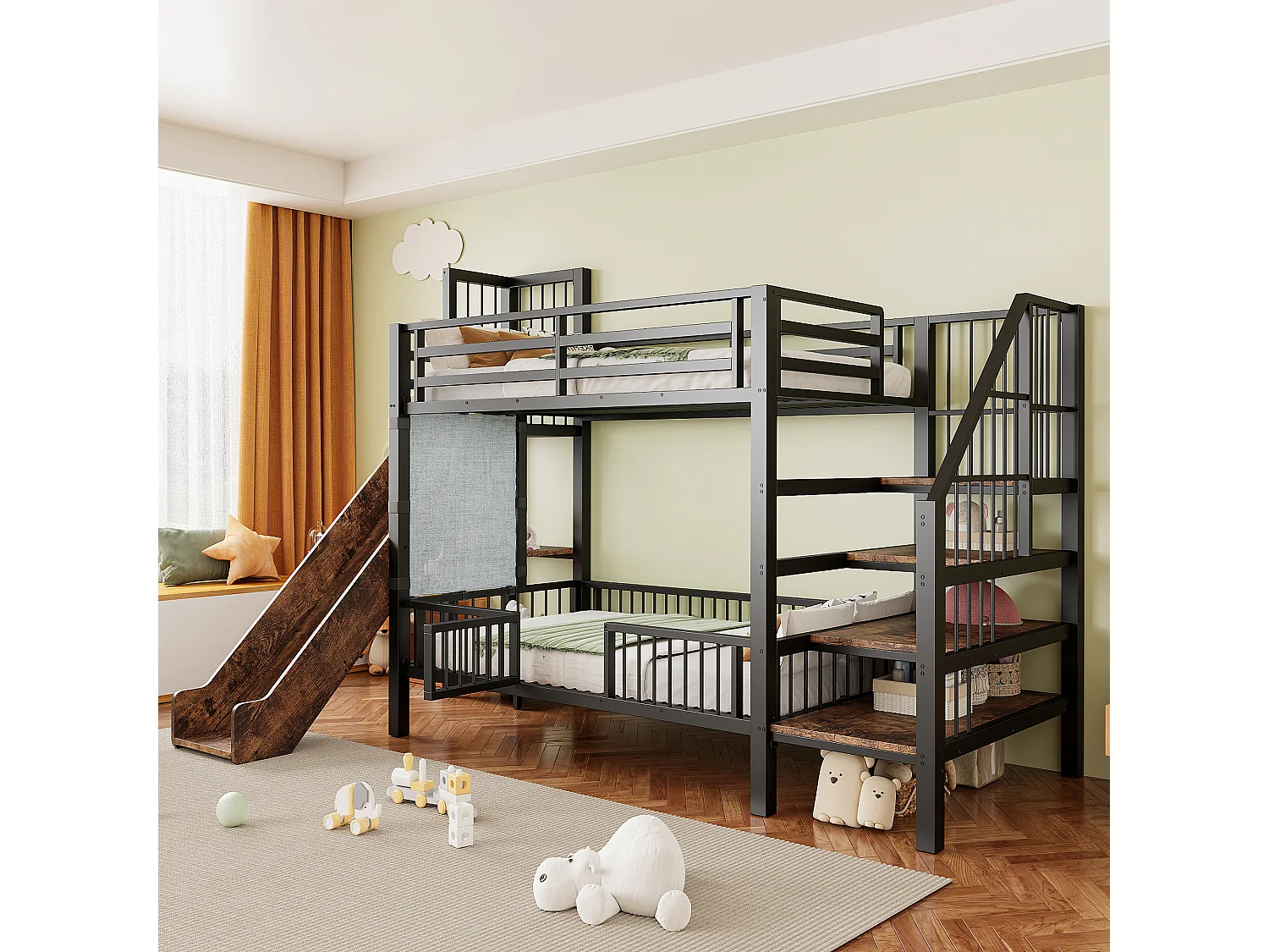Łóżko piętrowe metalowe dla dzieci - 2 x 90 x 200 cm - ze zjeżdżalnią + schodki do przechowywania + wbudowane półki - czarne 4869036 - obrazek 1